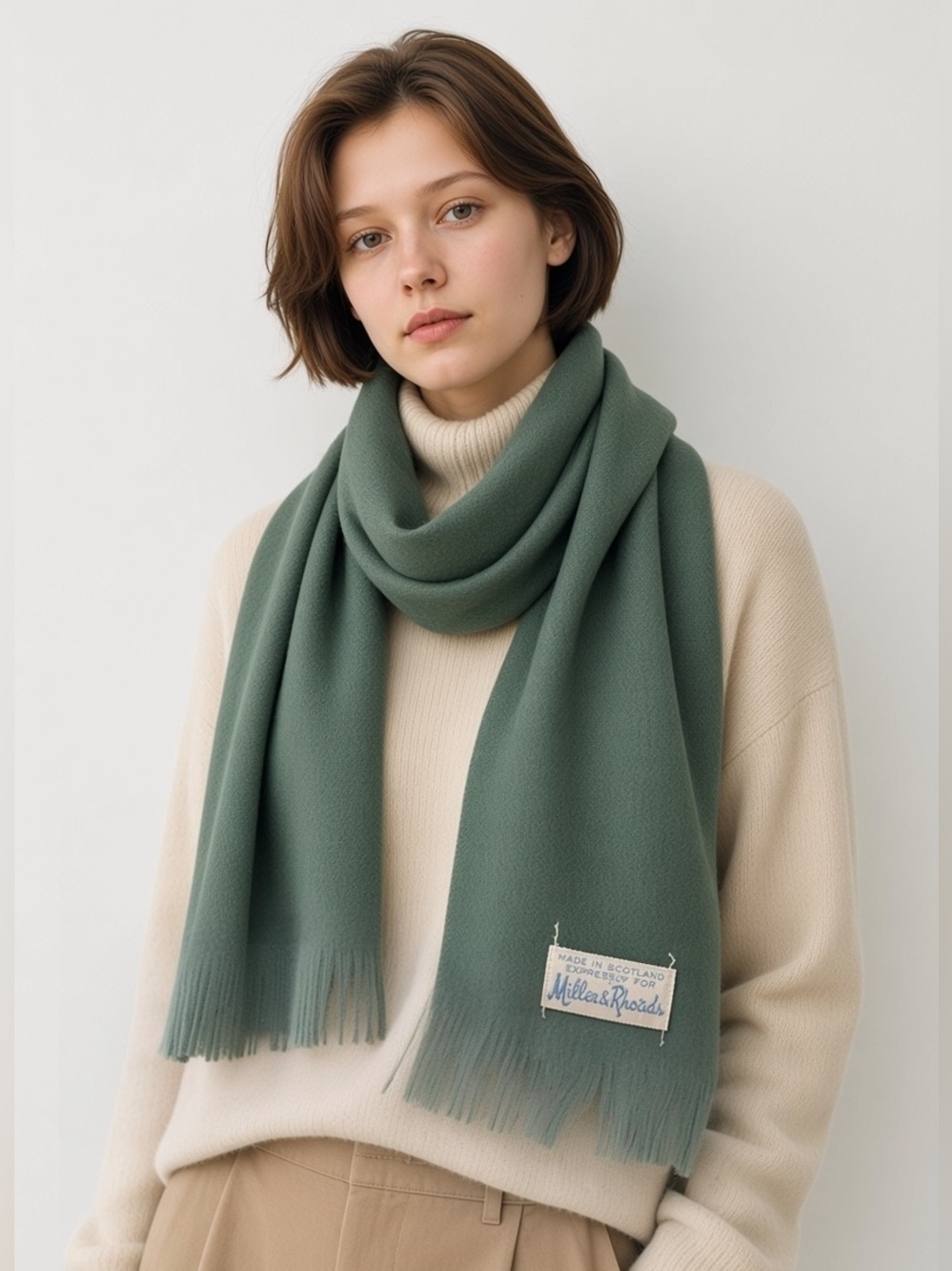 60s MOSS GREEN MCM SCOTTISH WOOL SCARF W FRINGE EDGE LAGENLOOK  MINIMALIST
